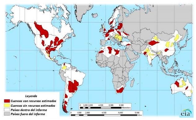 Fig. 1.- Cuencas estimadas de shale gas en 32 países. 
