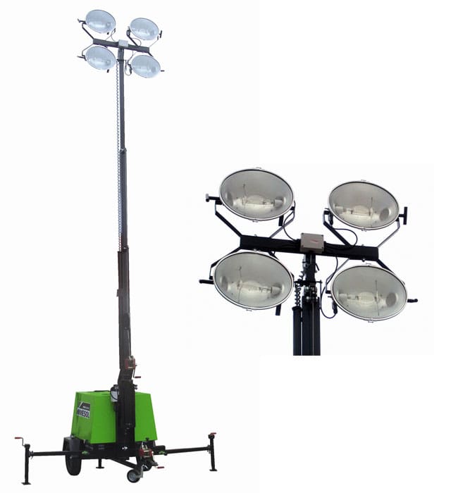 8 kVA lighting tower developed by Inmesol and a detail of the spotlights