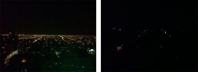 The city of Santiago (Chile) before and during the power cut of 2010 (Wikimedia Commons).