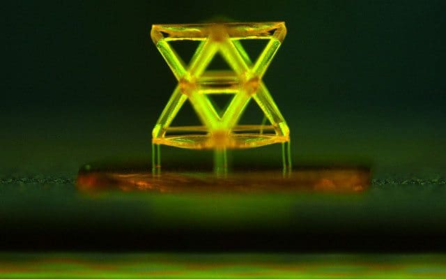 The image above shows a unit of the structure developed by the team of researchers, made from a polymer using the projection micro stereolithography 3D printing system. Photograph: courtesy of the researchers. 