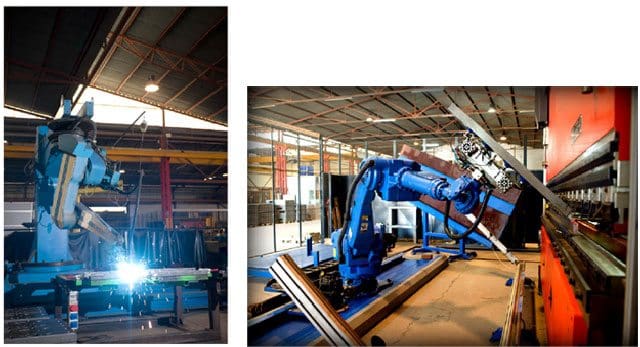 On the left, a welding robot; on the right, a sheet-folding robot.