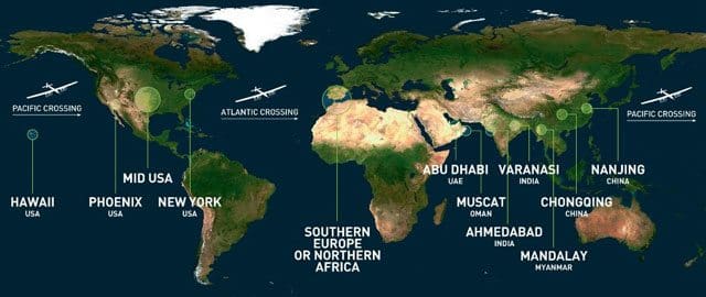 Carte de la route que suivra le Solar Impulse 2