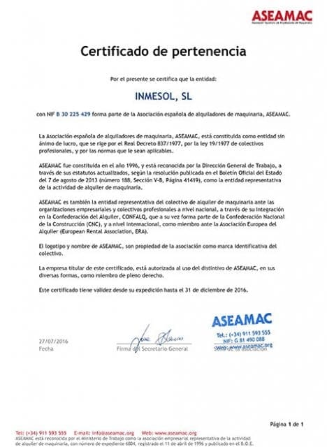 Inmesol, miembro de ASEAMAC 3 Certificado de pertenencia a ASEAMAC